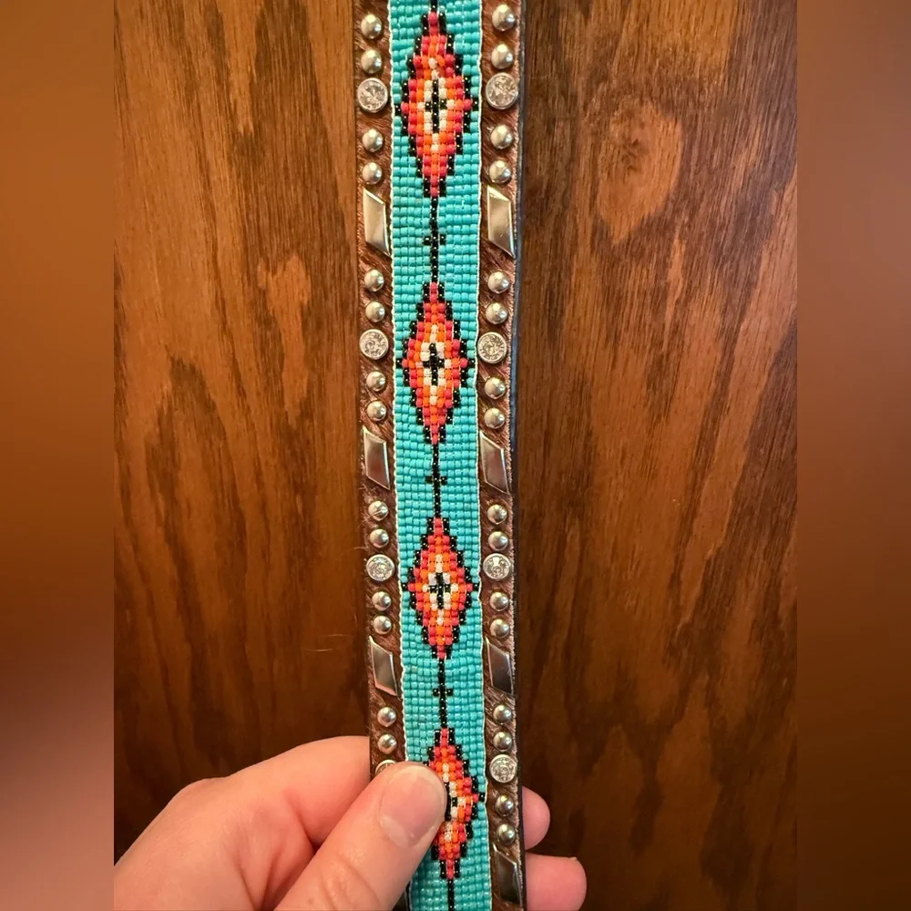 Turquoise and Brown Beaded & Hair on Hide Belt